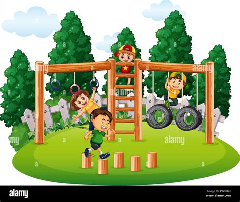 Niños Felices Jugando En El Parque Ilustración Imagen Vector De Stock