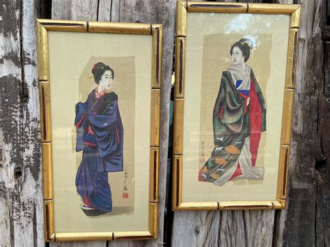 Pair Of Vintage Japanese Silk Paintings With Faux Bamboo Frame Geisha