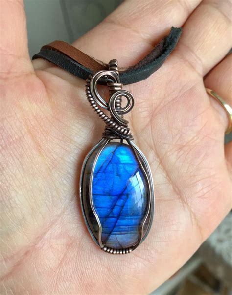 Wire Wrapped Labradorite Necklace In Antique Copper Blue Flashing
