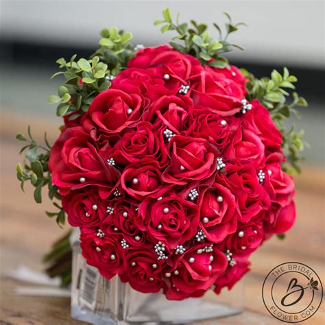 Red Roses Real Touch Wedding Bouquet With Greenery The Bridal Flower
