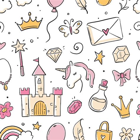 Premium Vector Hand Drawn Princess Doodle Seamless Pattern Beauty