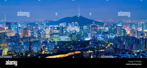 Panorama Of Seoul Downtown Cityscape Illuminated With Lights And Namsan
