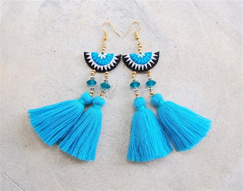 hmong-embroidery-blue-tassel-earrings-with-glass-beads-etsy