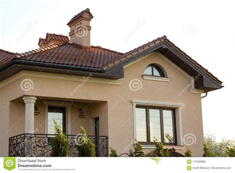 Close Up Of Spacious Brown Shingle Roof Of Modern Luxurious Expensive