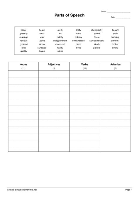 Parts Of Speech Sort Into Categories Worksheet Quickworksheets