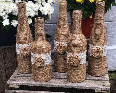 Twine Wrapped Wine Bottles With Burlap Rose And Lace Country Etsy