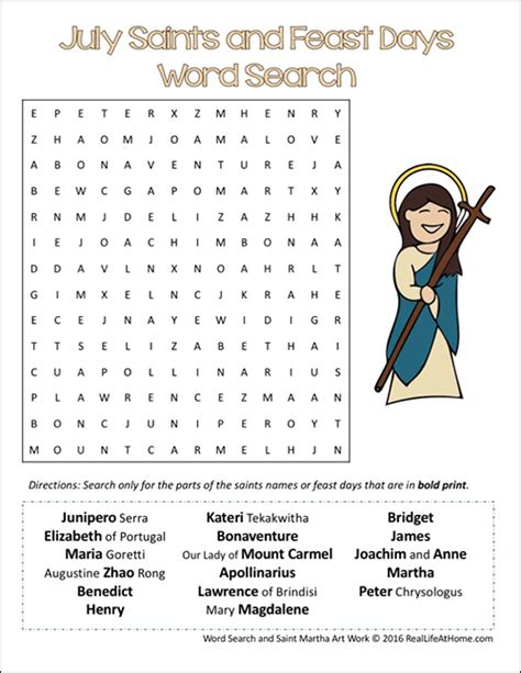 July Saints And Feast Days Word Search For Catholic Kids