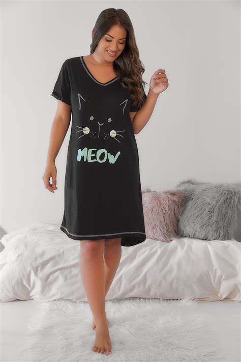 Black Meow Cat Print Nightdress Plus Size 14 To 32