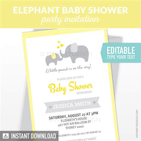 Yellow Elephant Baby Shower Invitation Printable Invite My Party Design