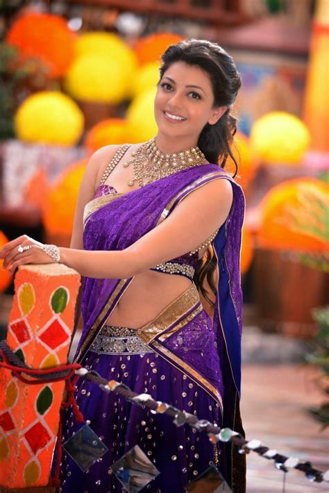 Indian Actress Kajal Aggarwal Navel Show Stills In Blue Saree