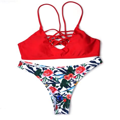 Bikini 2017 Push Up Red Bikini Set Padded Print Swimwear Women Swimsuit