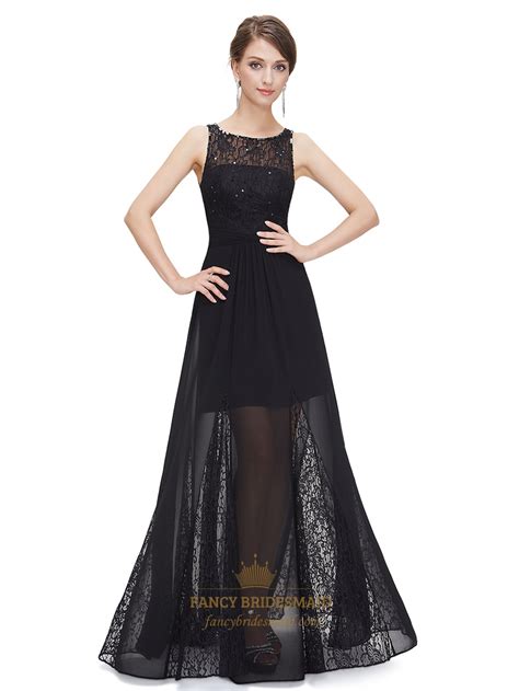 Black Lace Bodice Illusion Neckline Chiffon Prom Dress With Sheer Skirt