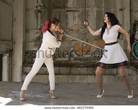 Two Women Fighting Swords One Them Stock Photo Edit Now 682374484