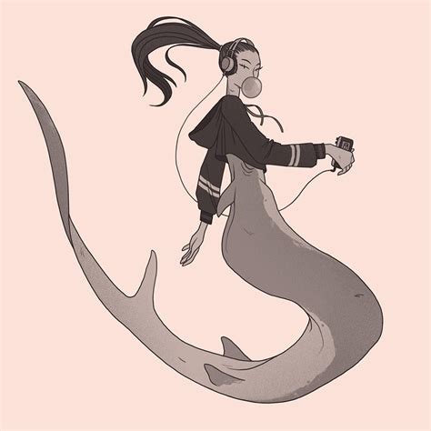 A Drawing Of A Woman Riding On The Back Of A Shark With Headphones In Her Ears