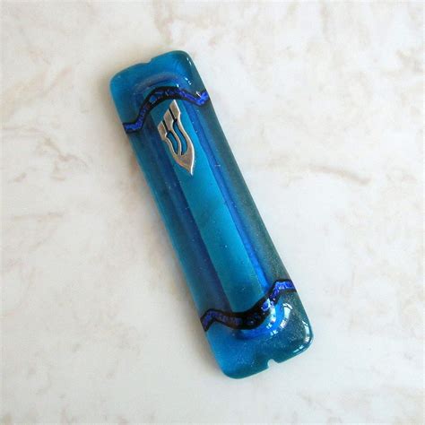 Fused Glass Mezuzah Cover Iridized Turquoise Glass Mezuzah