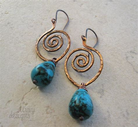 Wire Wrapped Copper Earrings With Turquoise Drops Copper Earrings