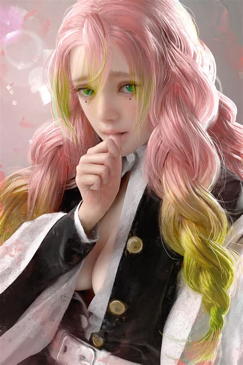 Pink Hair Green Eyes Cleavage Anime Girls Digital Art Artwork 3d