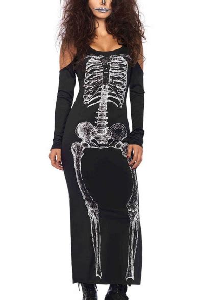 Womens Halloween Black Scary Monster Skull Skeleton Printed Round Neck
