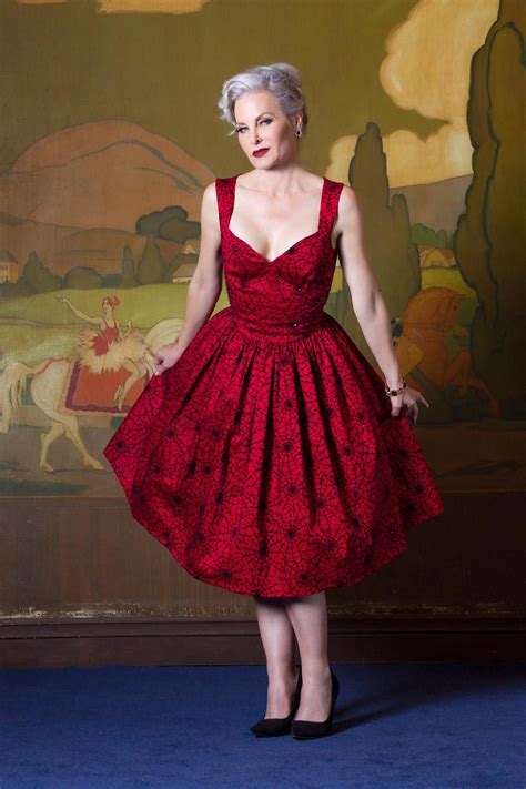 Pinup Couture Aurora Dress In Red With Flocked Black Spider Web