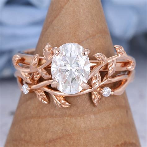 Emerald Cut Moissanite Engagement Ring Set Rose Gold Unique Simple Ring
