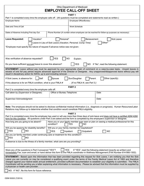 Employee Call Off Sheet Form ≡ Fill Out Printable Pdf Forms Online