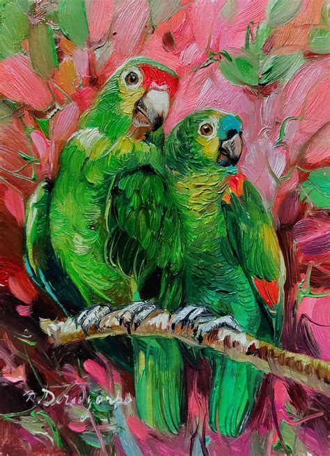 Parrot Painting Original Oil Illustration 7x5 Green Bird On Branch Oil