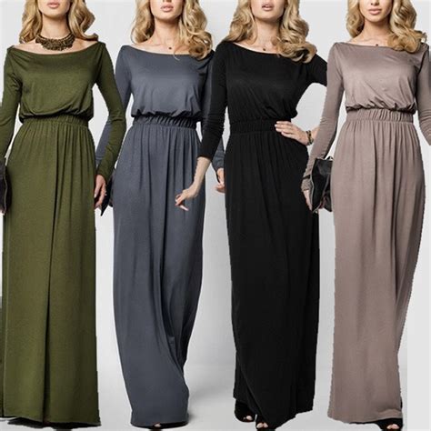 Women Daily Casual Polyester Solid Maxi Dress O Neck Long Sleeve Casual