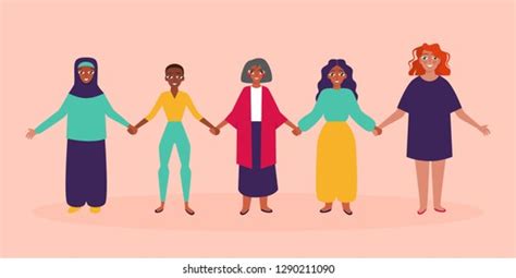 Diverse Group Women Holding Hands Flat Stock Vector Royalty Free