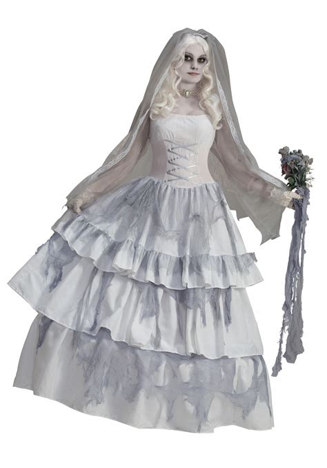 Womens Ghostly Dead Bride Long Dress Halloween Horror Fancy Dress