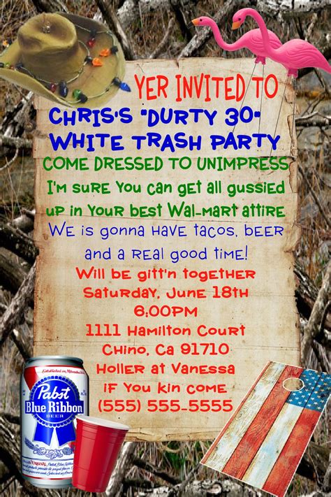 Unique White Trash Party Birthday Invitations
