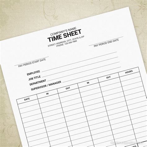 Employee Time Sheet Printable Form Timesheet Working Hours Digital