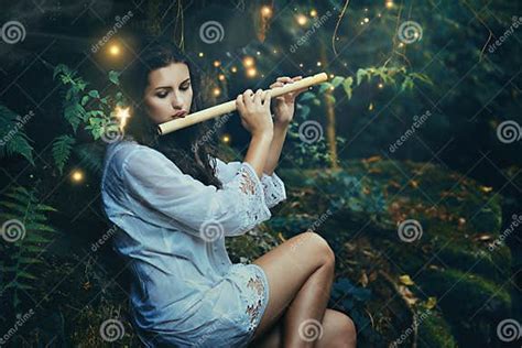 Beautiful Forest Nymph Playing Flute With Fairies Stock Image Image