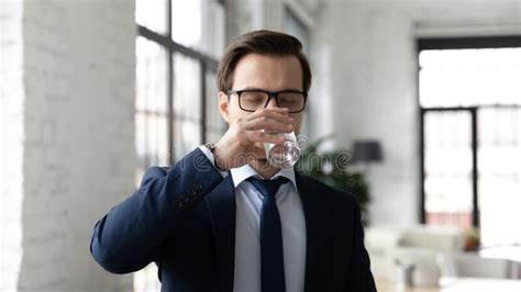 Thirsty Caucasian Man Drink Pure Mineral Water From Glass Stock Image Image Of Control Glass