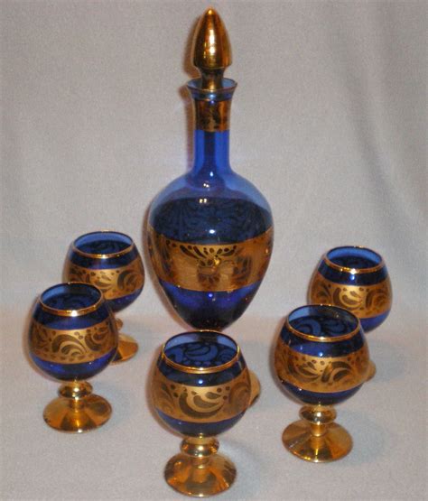 Vinage Bohemian Glass Cobalt Blue Gold Gilded Floral 6 Piece Decanter Set By Izzyoma On Etsy