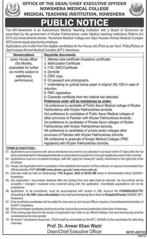 Nowshera Medical College Jobs 2022 MTI Application Form