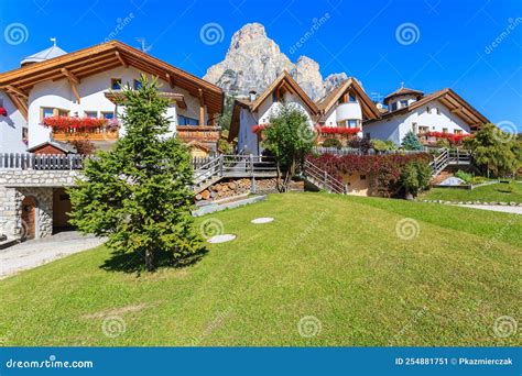Alpine Houses In La Villa Village Dolomites Mountains Italy Stock