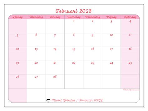 Kalender Februari 2023 Om Af Te Drukken “63zz” Michel Zbinden Nl