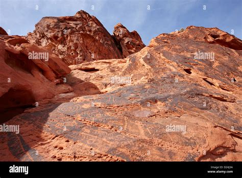 Petroglyphs On Large Rock Cliff Face Valley Of Fire State Park Nevada