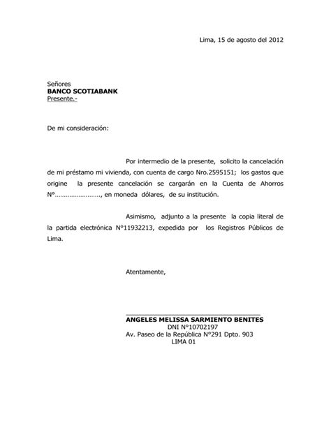 Ejemplo De Carta De Cancelacion De Cuenta Bancaria