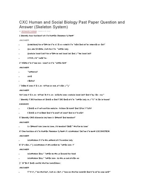 Cxc Human And Social Biology Past Paper Question And Answer Skeleton