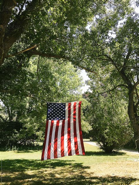 American Flag Hanging Between Two Trees On Fourth Of July By Stocksy