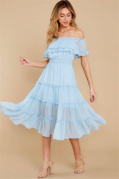 As She Goes Light Blue Off The Shoulder Midi Dress In 2020 Midi Ruffle Dress Dresses Light