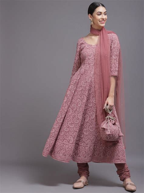 Pink Embroidered Georgette Anarkali Suit Set With Potli Libas