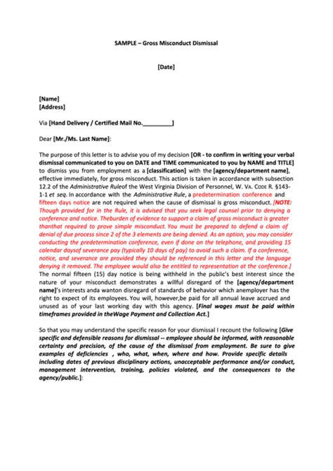 gross misconduct dismissal letter template printable