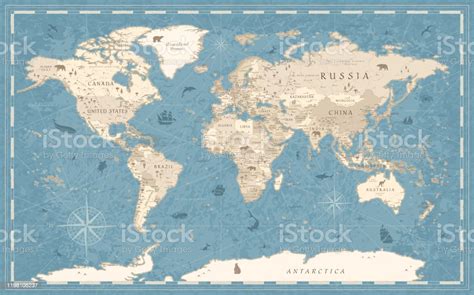 World Map Vintage Oldstyle Vector Blue And Beige Stock Illustration - Download Image Now - iStock