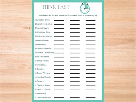 Think Fast Trivia Printable Game Knowledge Quiz Adult Party Game