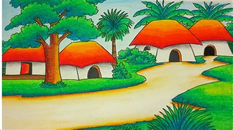 How To Draw Easy Scenery Drawing Beautiful Village House Scenery Step