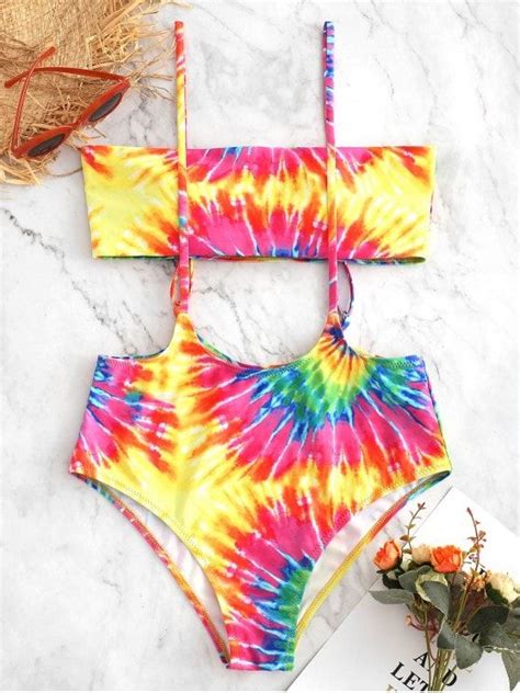 Zaful Spiral Tie Dye Print Suspended Bikini Swimsuit Multi A M