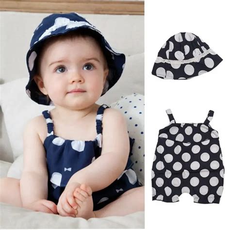 Polka Dots Navy Bebe Jumpsuit Hat 2pcs Baby Girl Clothes Sets Infant