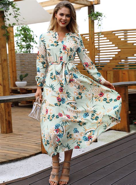 green floral print v neck long sleeve a line vocation maxi dress with belt